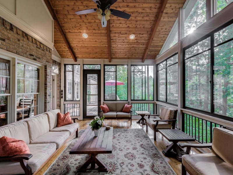 Cozy screened-in porch with wood ceiling in North Atlanta